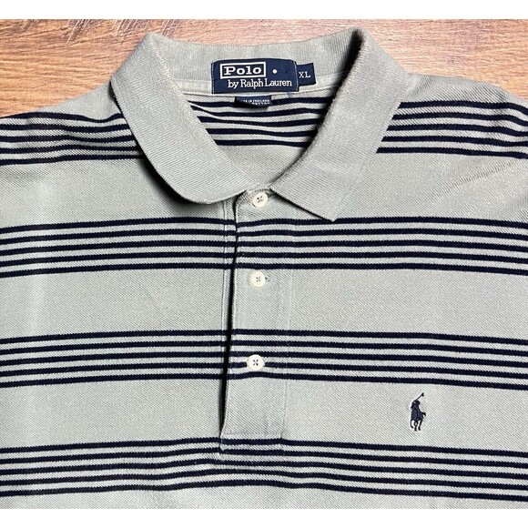 Vintage Polo Ralph Lauren Shirt Mens XL Striped Green Blue 90s Pony Short Sleeve - Picture 2 of 10